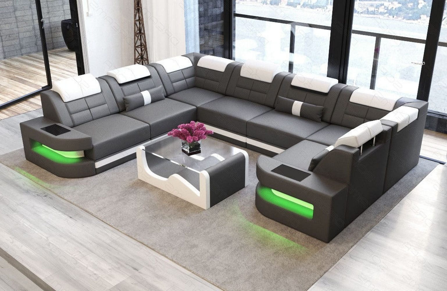 Leder Couch Como U Form mit Beleuchtung – Modern & Stilvoll grau-weiß