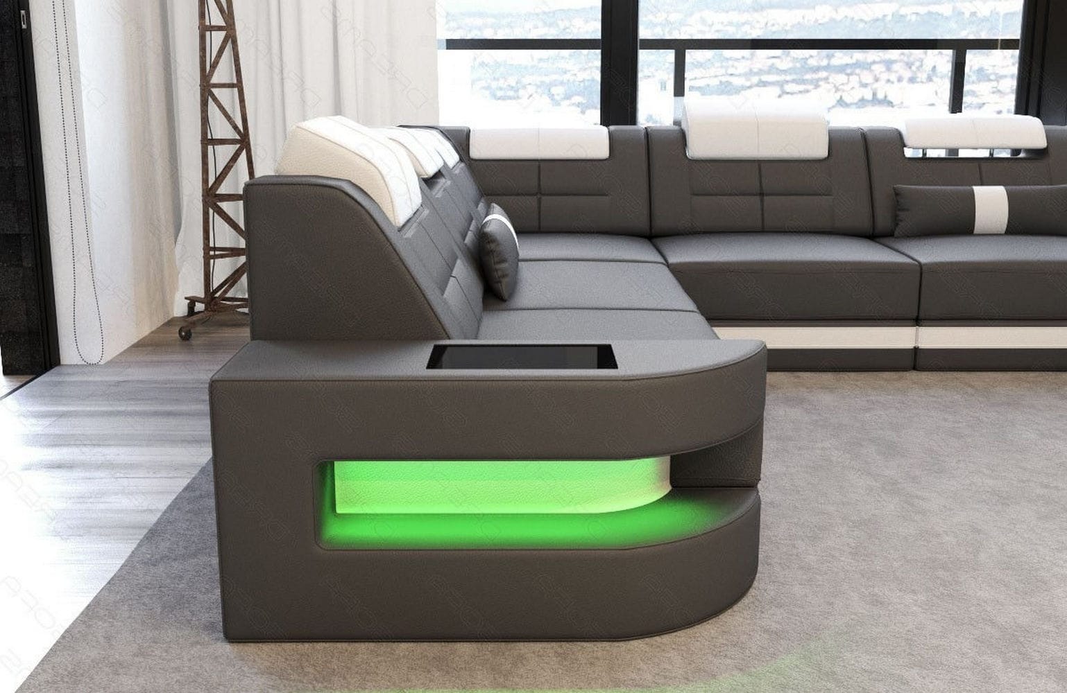 Leder Couch Como U Form mit Beleuchtung – Modern & Stilvoll grau-weiß