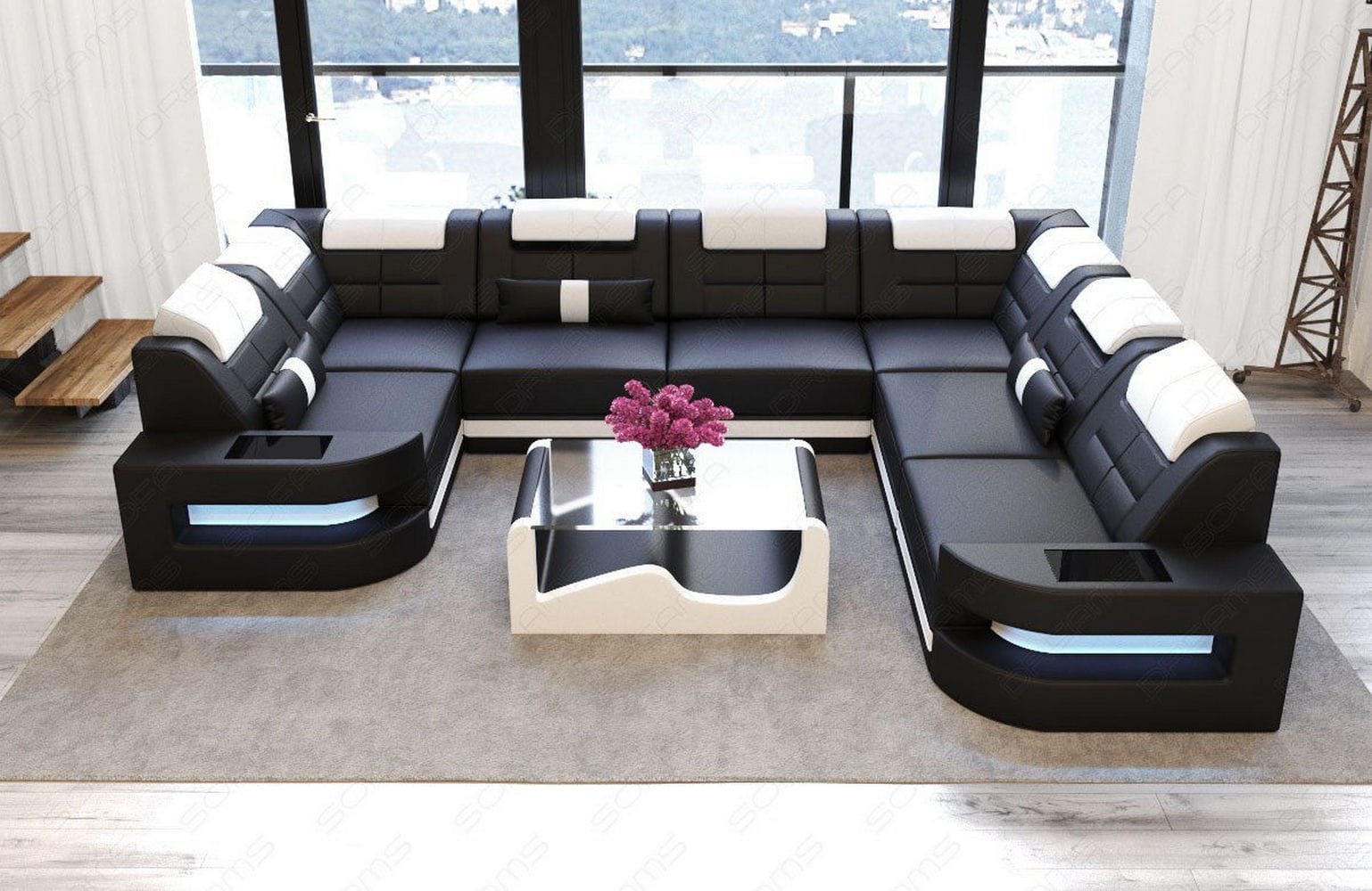 Leder Couch Como U Form mit Beleuchtung – Modern & Stilvoll schwarz-weiß