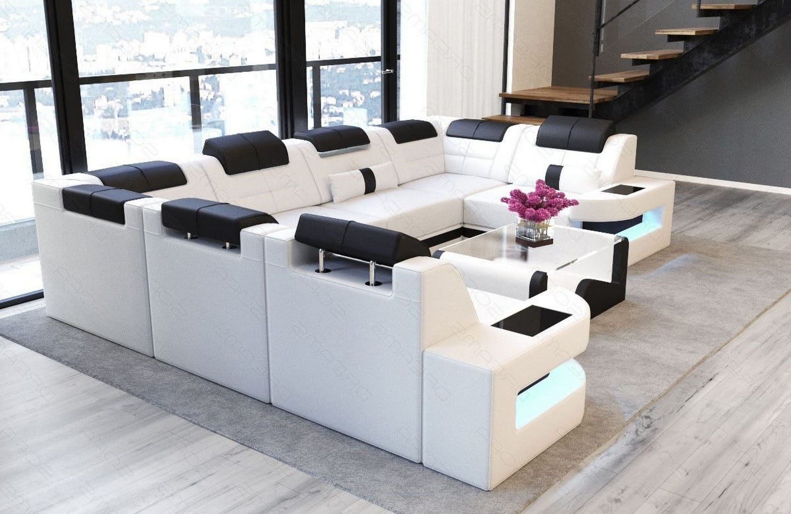 Leder Couch Como U Form mit Beleuchtung – Modern & Stilvoll weiß-schwarz