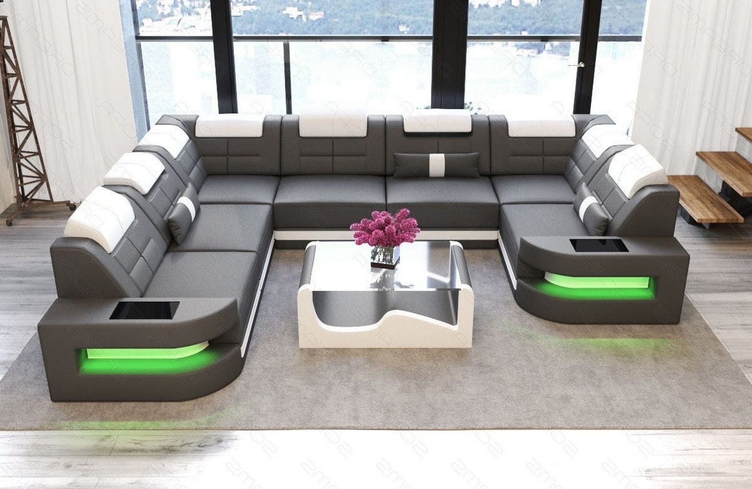 Leder Couch Como U Form mit Beleuchtung – Modern & Stilvoll grau-weiß