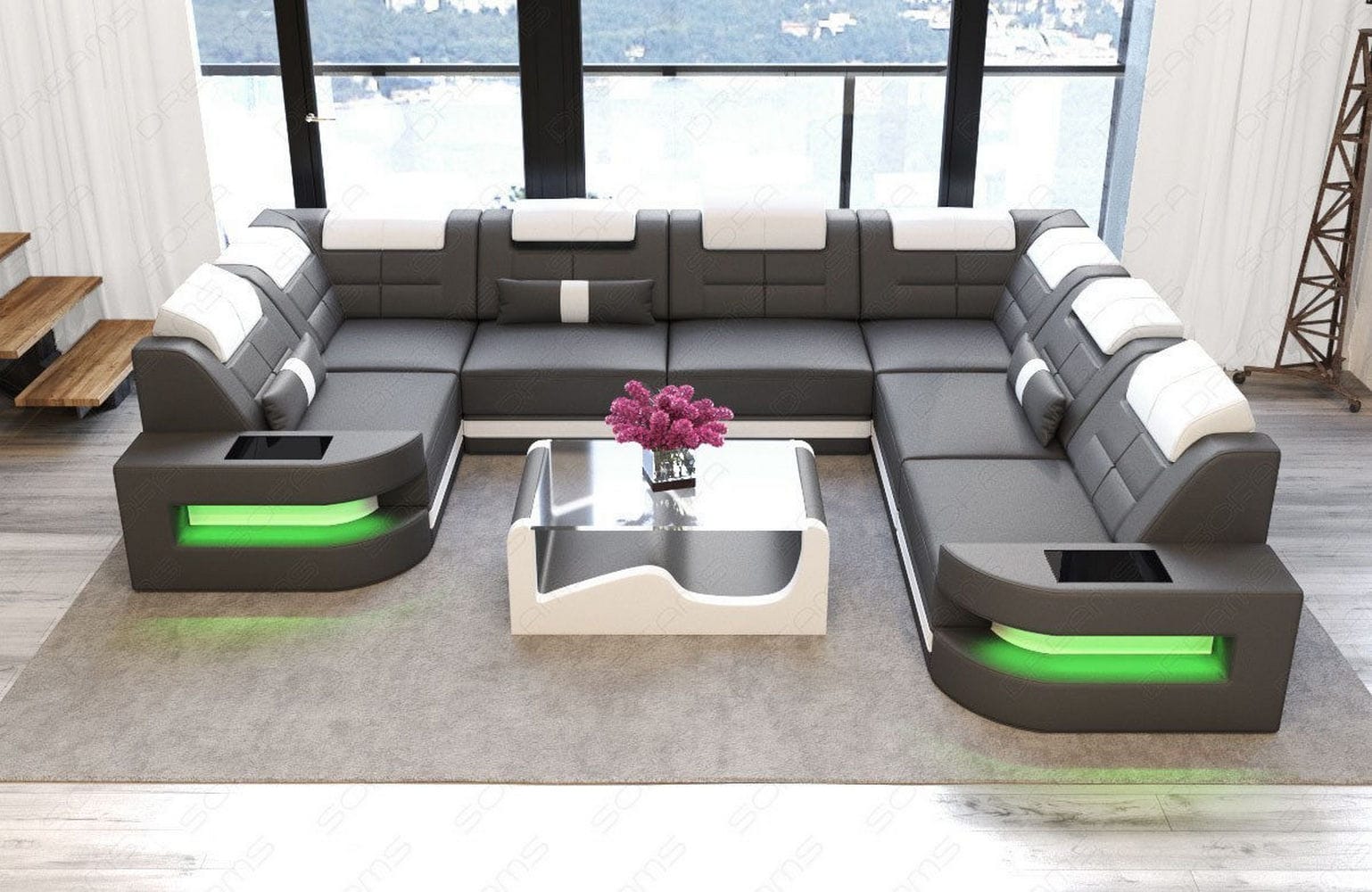 Leder Couch Como U Form mit Beleuchtung – Modern & Stilvoll grau-weiß