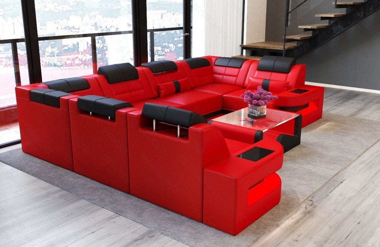 Leder Couch Como U Form mit Beleuchtung – Modern & Stilvoll rot-schwarz
