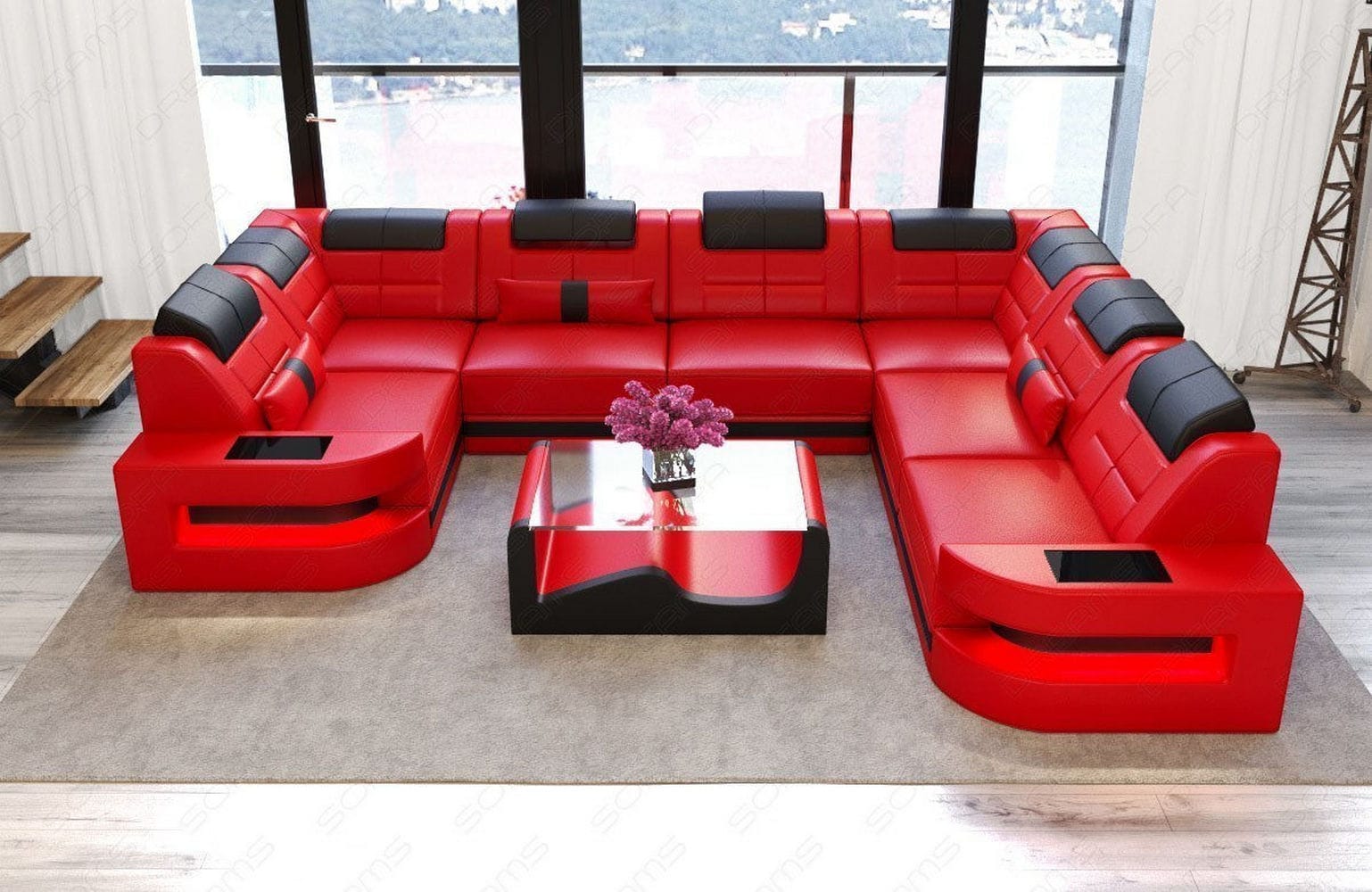 Leder Couch Como U Form mit Beleuchtung – Modern & Stilvoll rot-schwarz