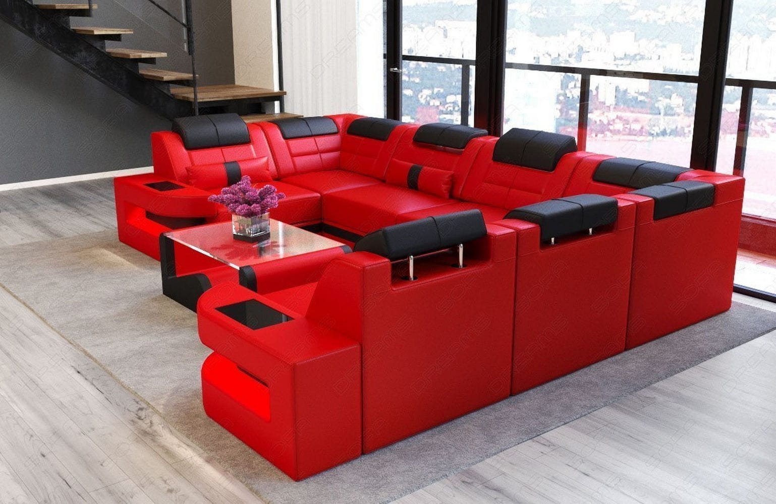 Leder Couch Como U Form mit Beleuchtung – Modern & Stilvoll rot-schwarz