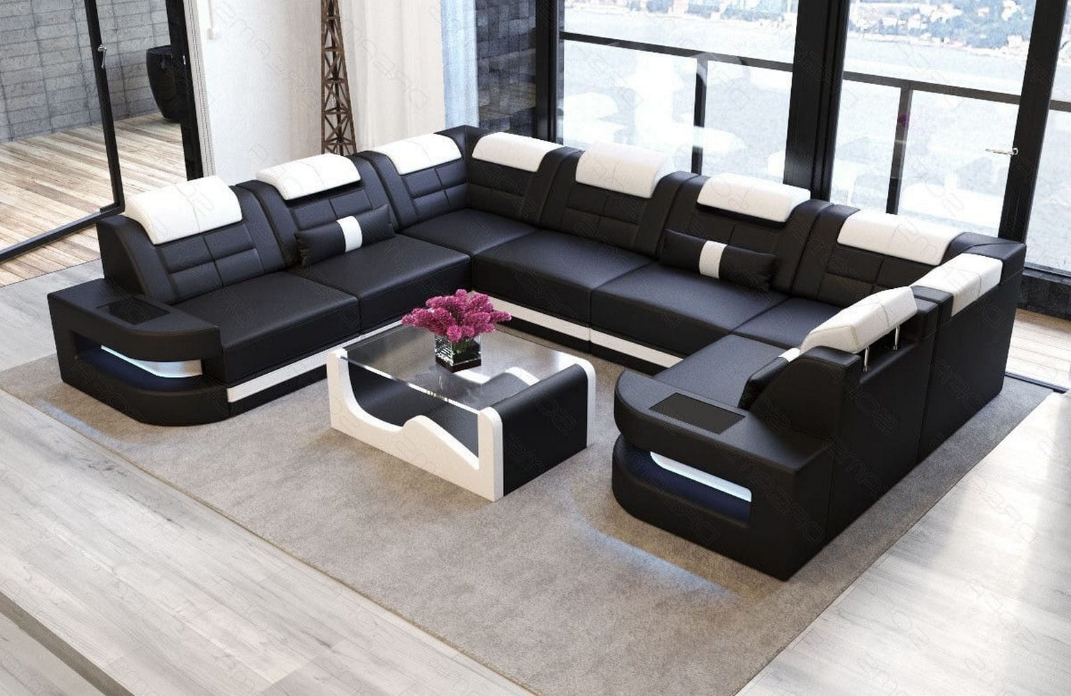 Leder Couch Como U Form mit Beleuchtung – Modern & Stilvoll schwarz-weiß