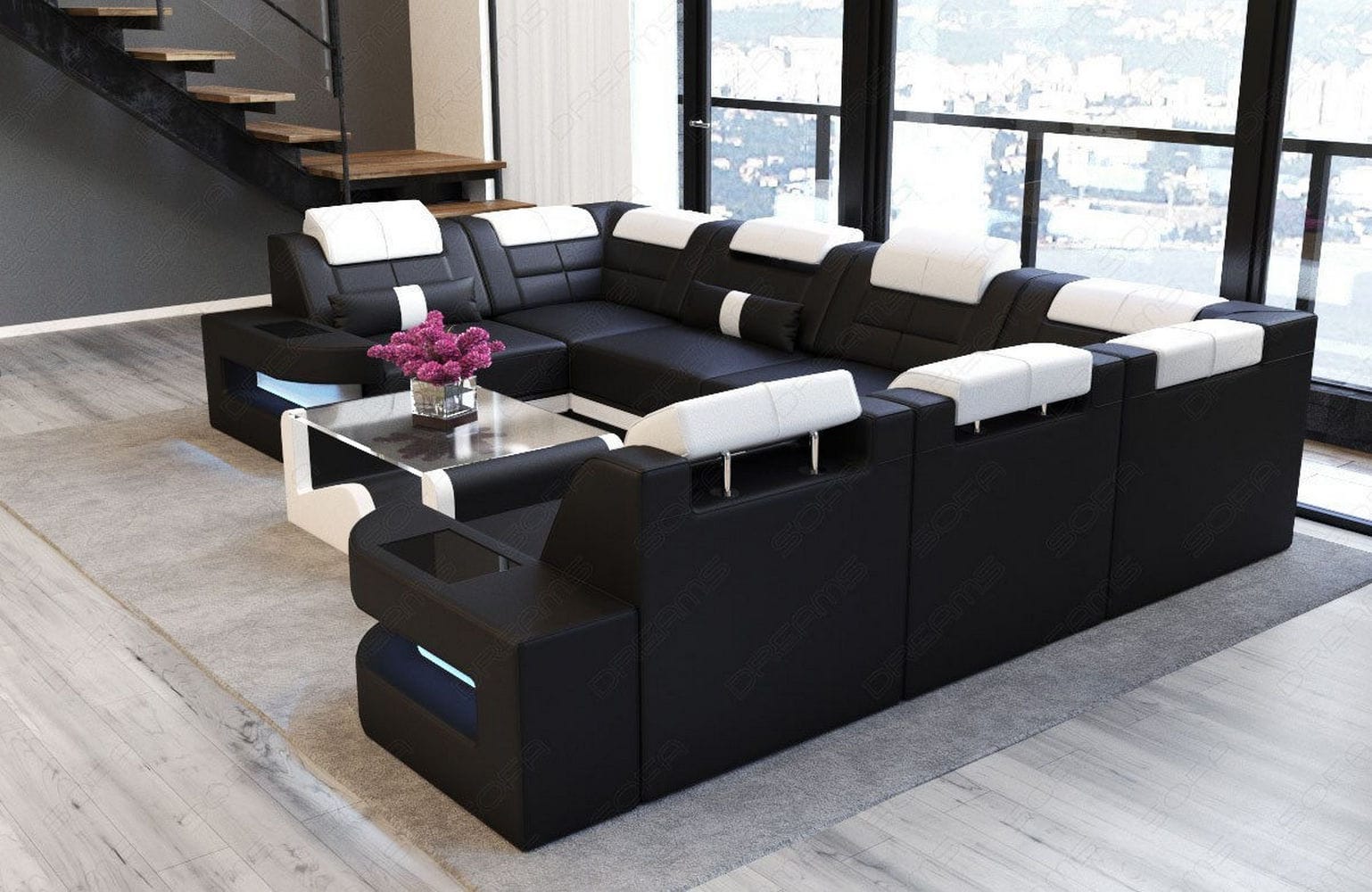 Leder Couch Como U Form mit Beleuchtung – Modern & Stilvoll schwarz-weiß