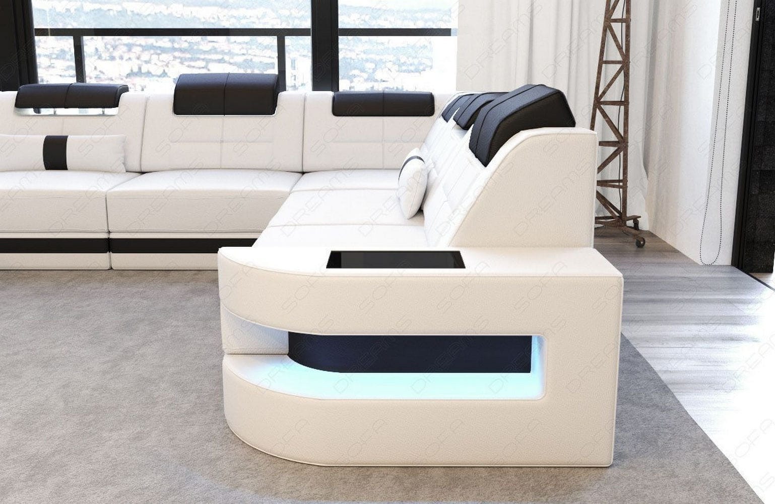 Leder Couch Como U Form mit Beleuchtung – Modern & Stilvoll weiß-schwarz