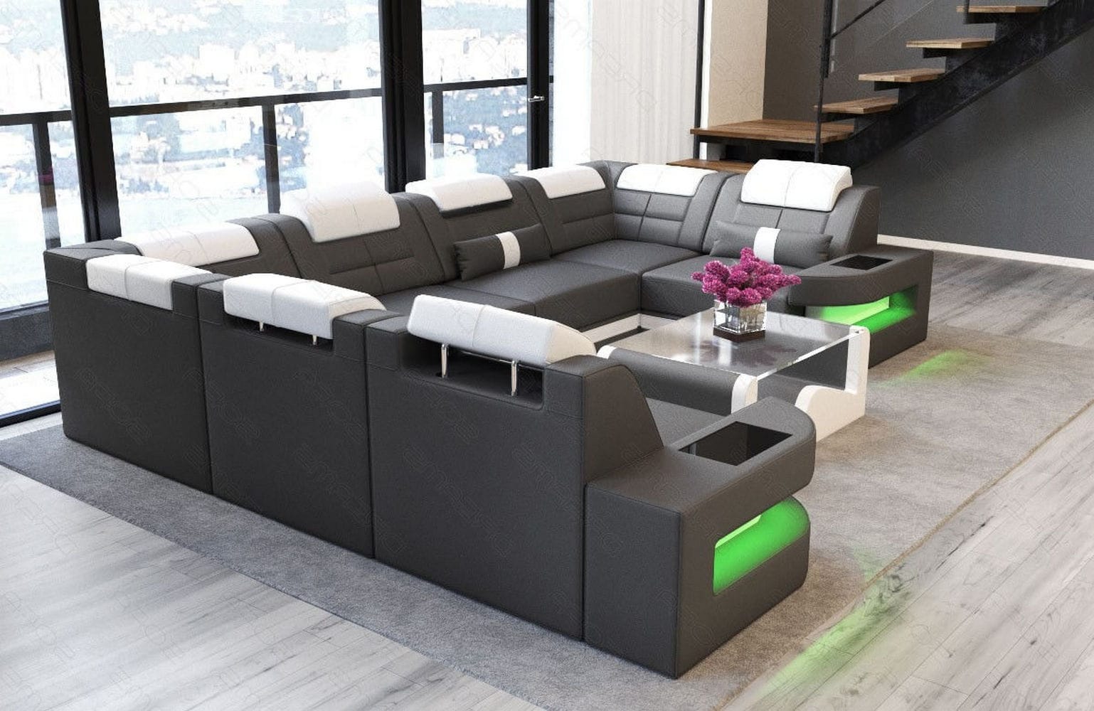 Leder Couch Como U Form mit Beleuchtung – Modern & Stilvoll grau-weiß