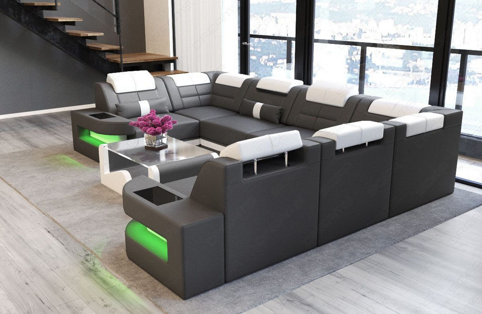 Leder Couch Como U Form mit Beleuchtung – Modern & Stilvoll grau-weiß