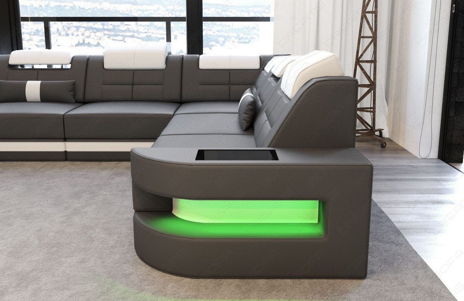 Leder Couch Como U Form mit Beleuchtung – Modern & Stilvoll grau-weiß