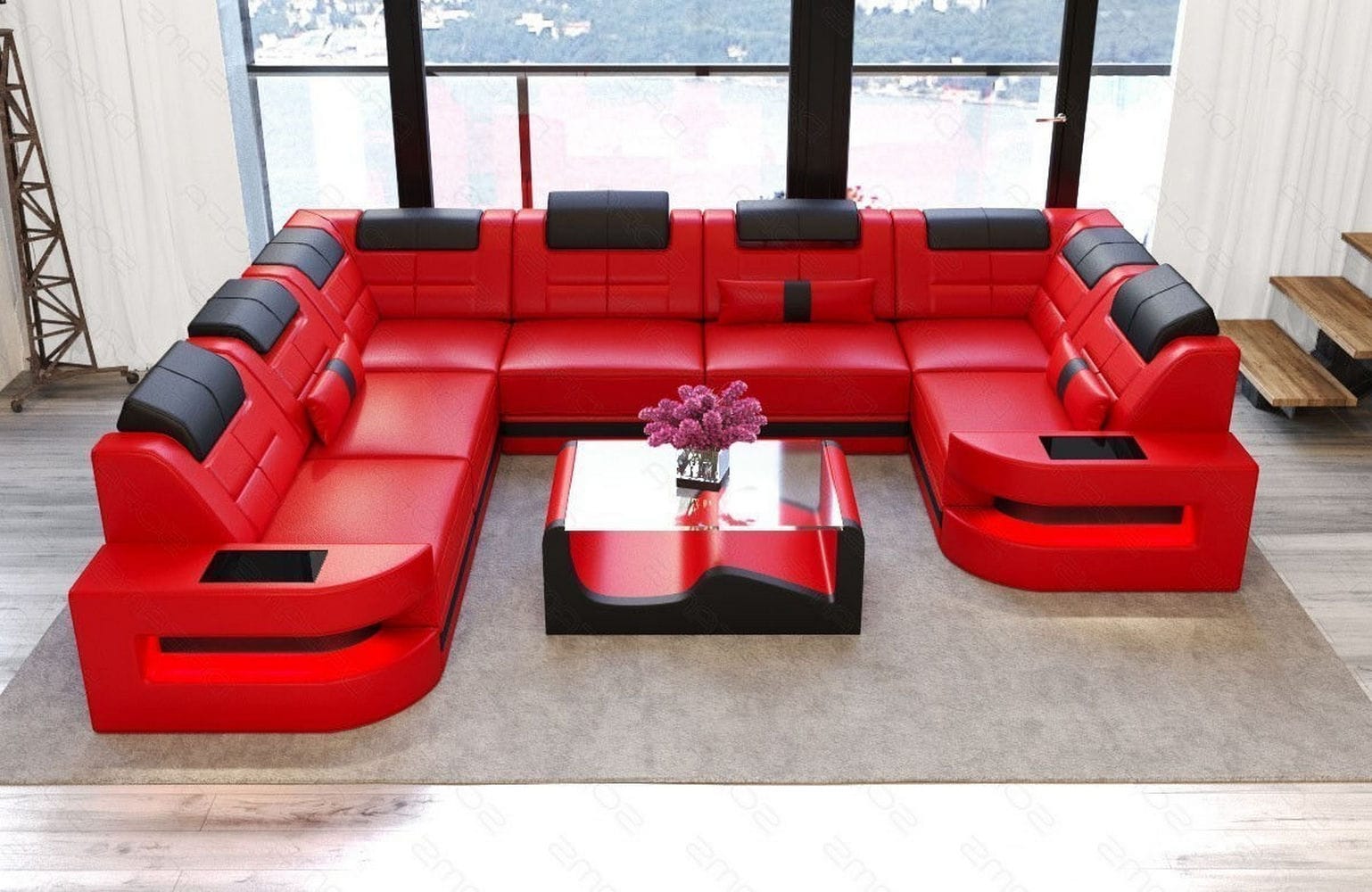 Leder Couch Como U Form mit Beleuchtung – Modern & Stilvoll rot-schwarz