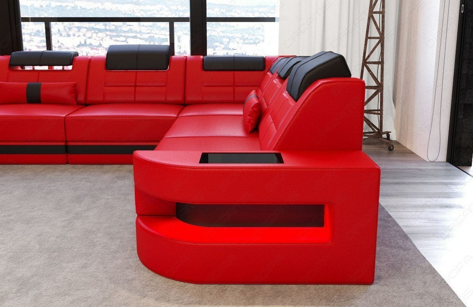 Leder Couch Como U Form mit Beleuchtung – Modern & Stilvoll rot-schwarz