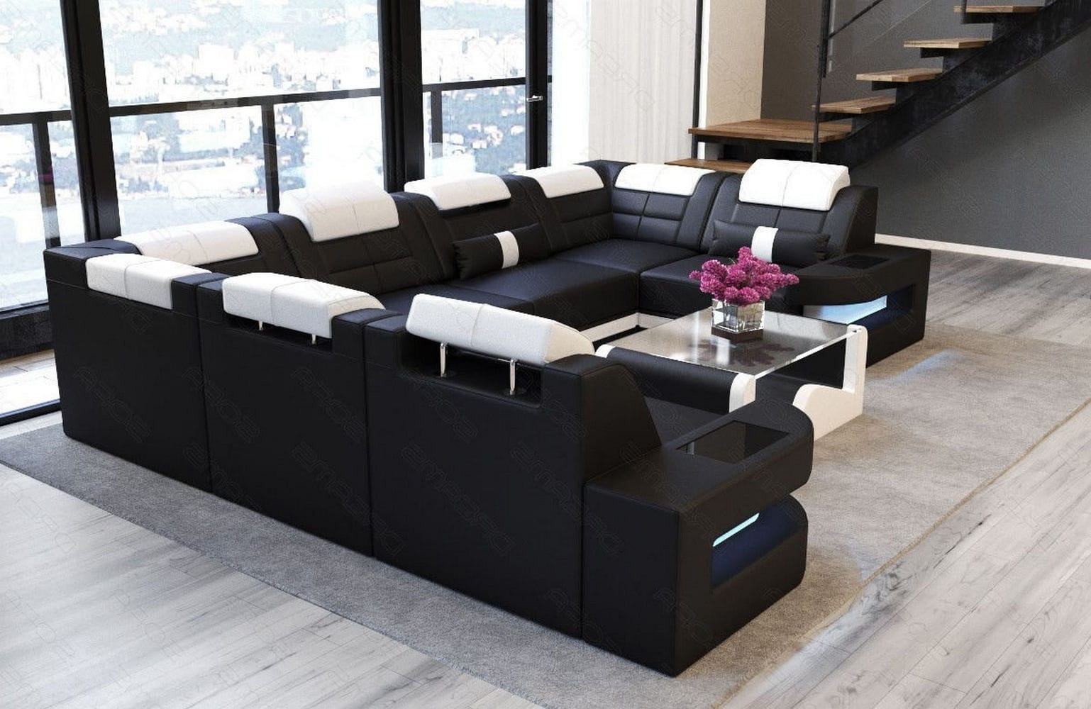 Leder Couch Como U Form mit Beleuchtung – Modern & Stilvoll schwarz-weiß