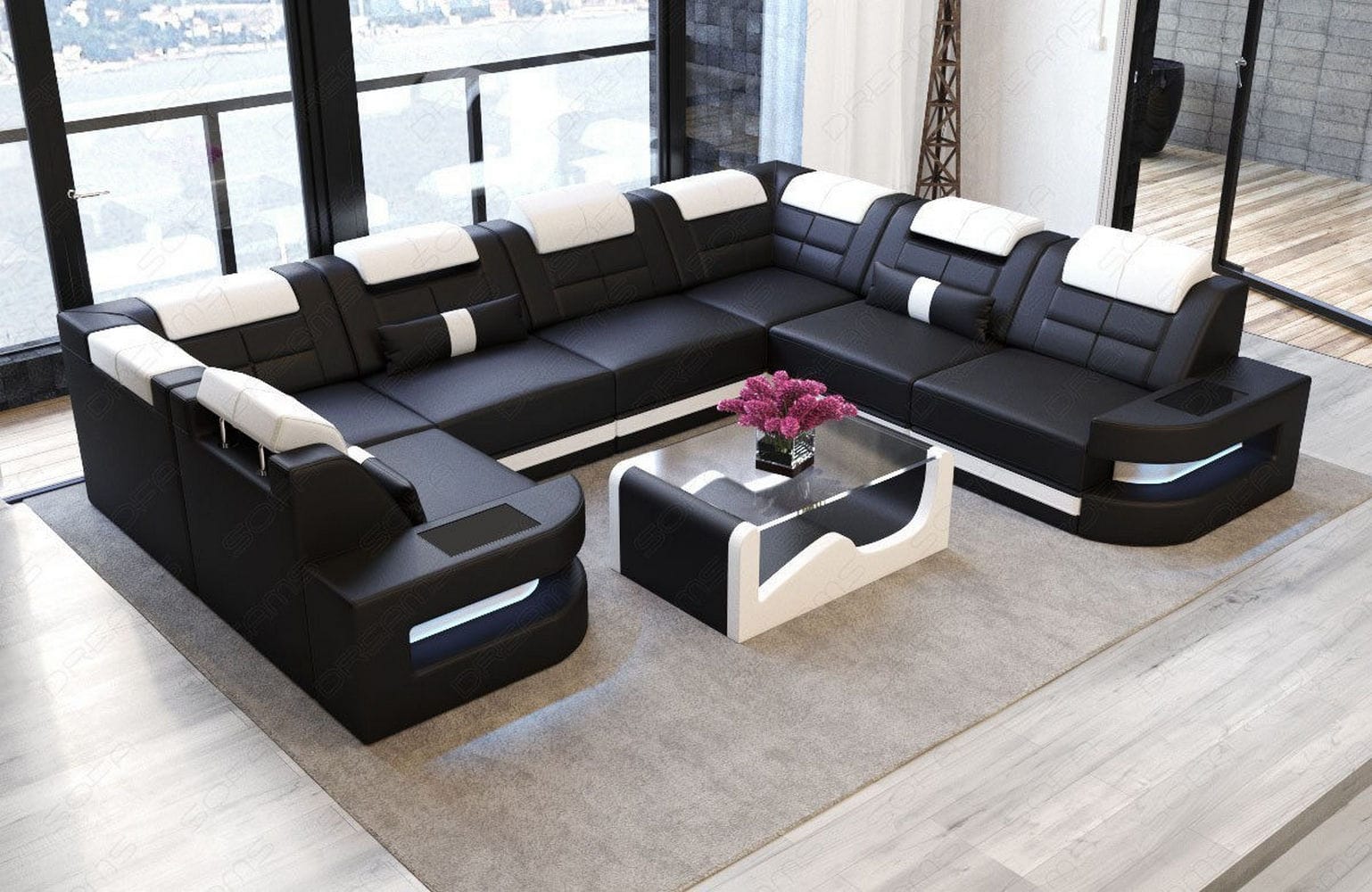 Leder Couch Como U Form mit Beleuchtung – Modern & Stilvoll schwarz-weiß