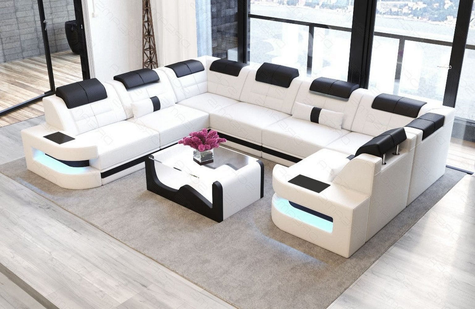 Leder Couch Como U Form mit Beleuchtung – Modern & Stilvoll weiß-schwarz