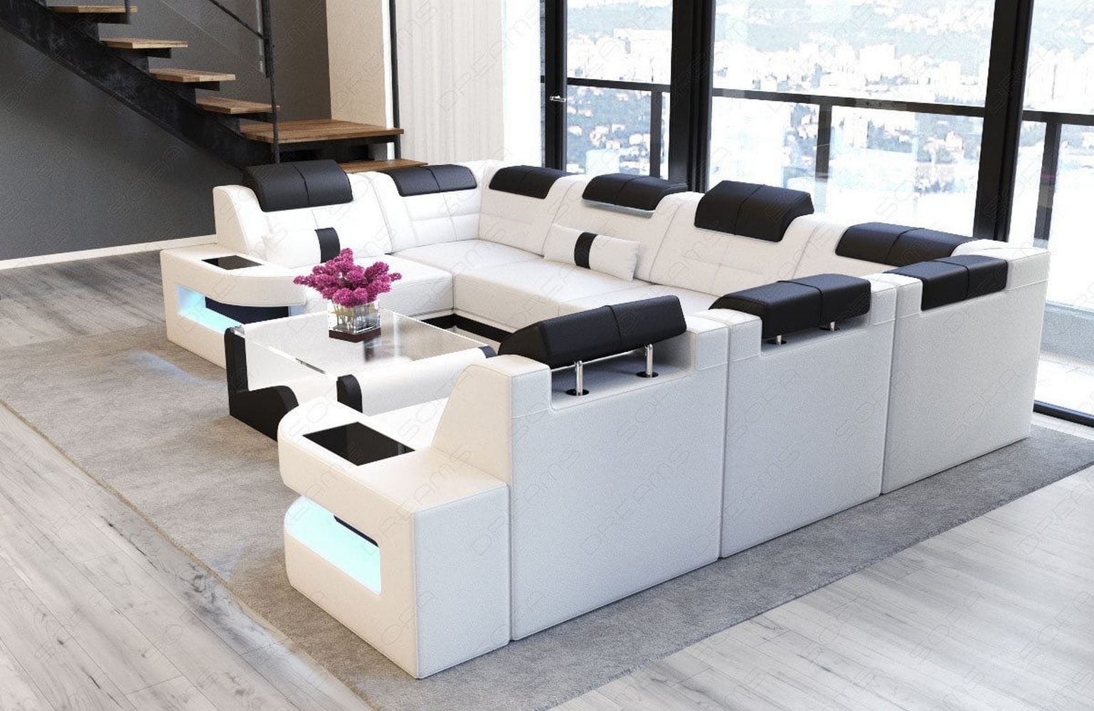 Leder Couch Como U Form mit Beleuchtung – Modern & Stilvoll weiß-schwarz