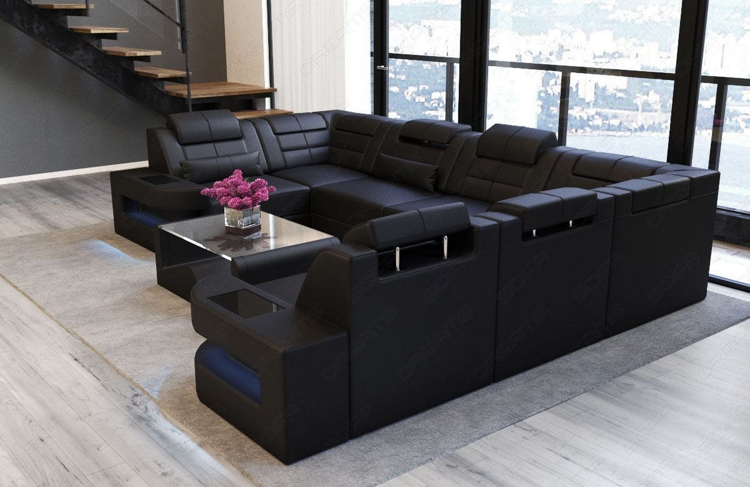 Leder Couch Como U Form mit Beleuchtung – Modern & Stilvoll schwarz