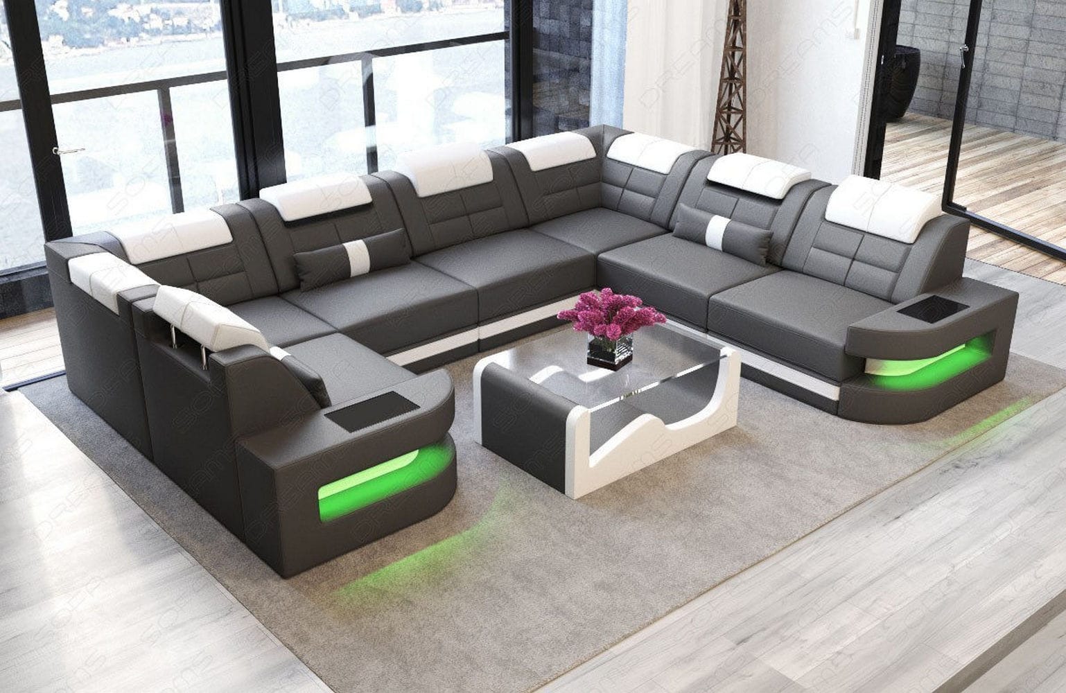 Leder Couch Como U Form mit Beleuchtung – Modern & Stilvoll grau-weiß