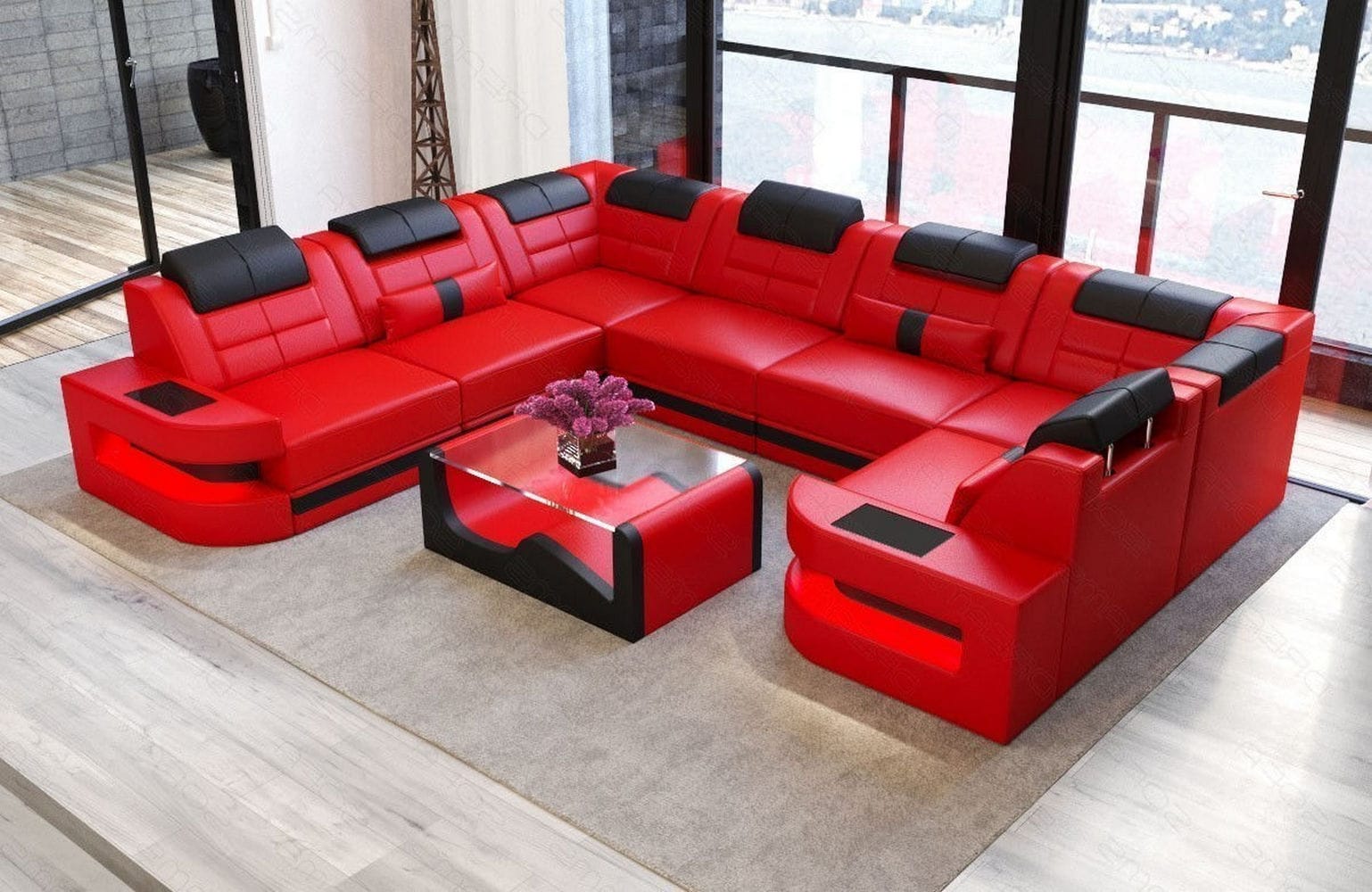 Leder Couch Como U Form mit Beleuchtung – Modern & Stilvoll rot-schwarz