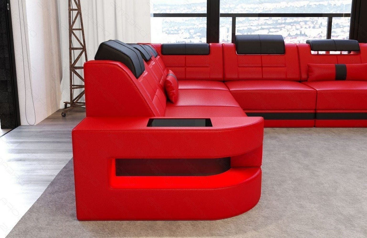 Leder Couch Como U Form mit Beleuchtung – Modern & Stilvoll rot-schwarz
