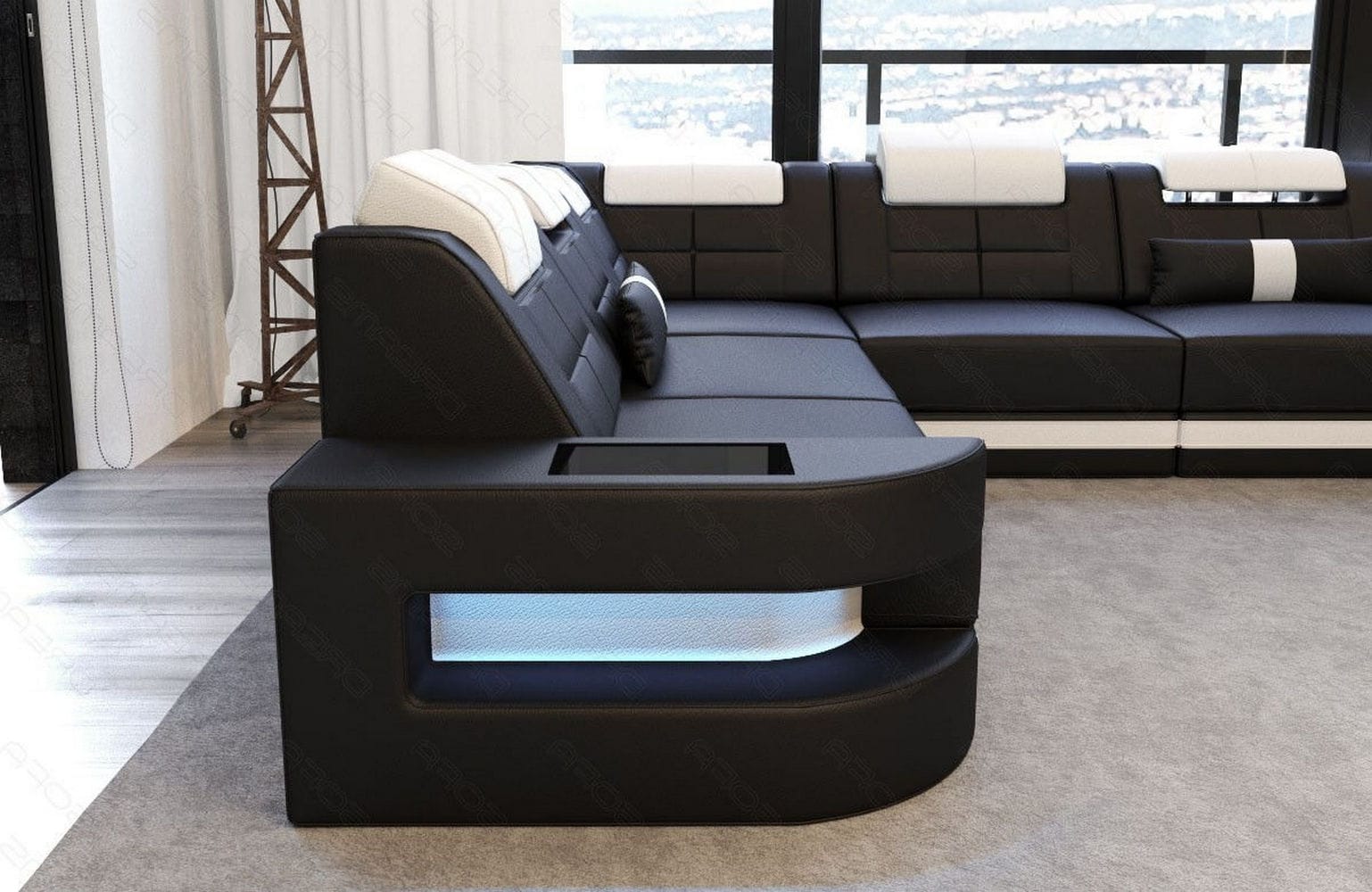 Leder Couch Como U Form mit Beleuchtung – Modern & Stilvoll schwarz-weiß