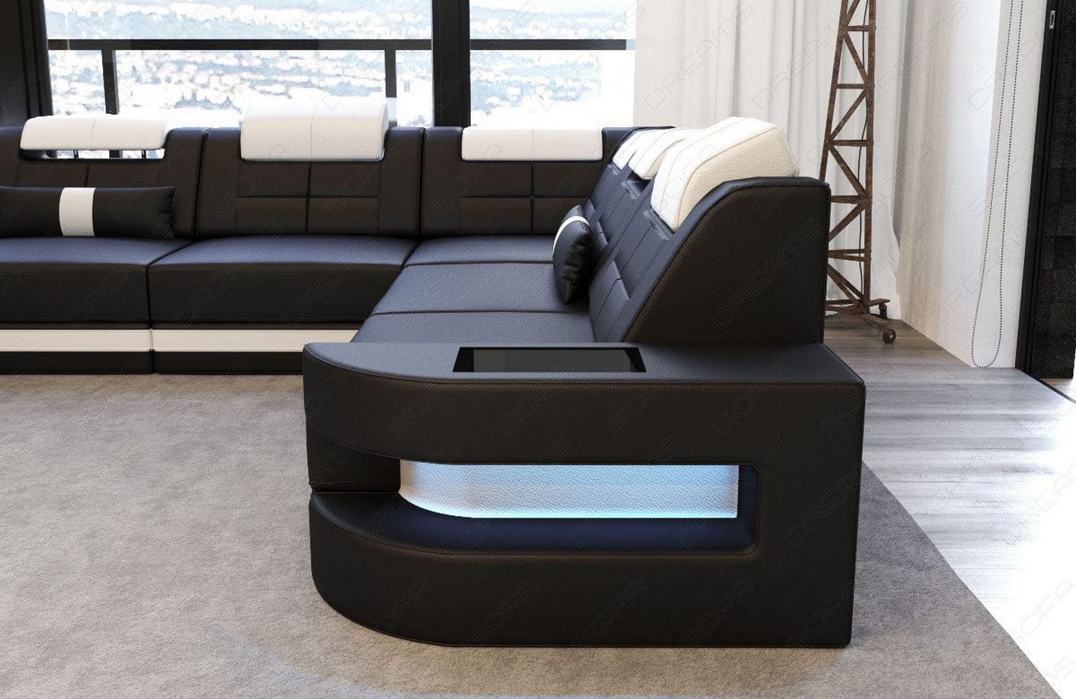 Leder Couch Como U Form mit Beleuchtung – Modern & Stilvoll schwarz-weiß