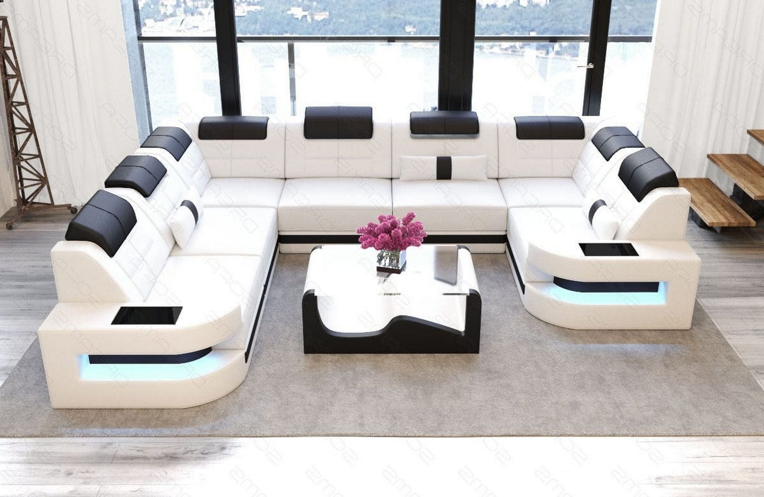 Leder Couch Como U Form mit Beleuchtung – Modern & Stilvoll weiß-schwarz