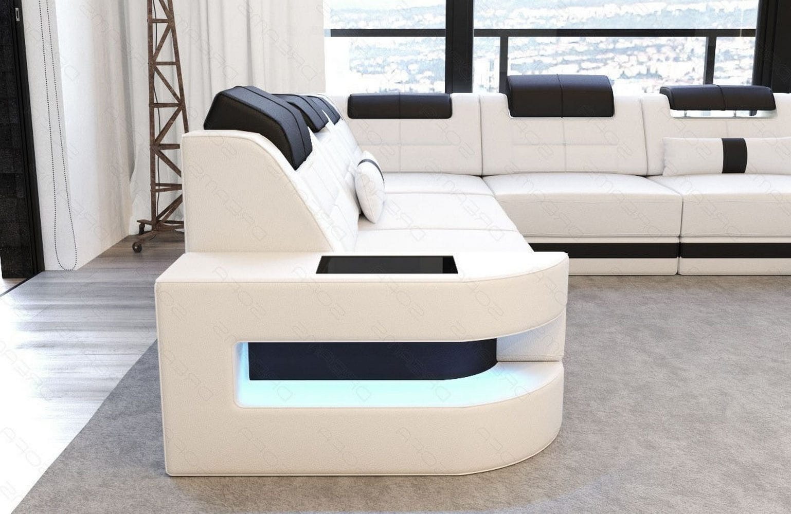 Leder Couch Como U Form mit Beleuchtung – Modern & Stilvoll weiß-schwarz