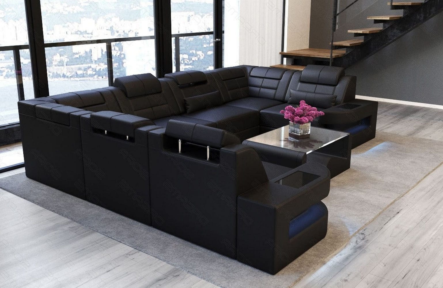 Leder Couch Como U Form mit Beleuchtung – Modern & Stilvoll schwarz