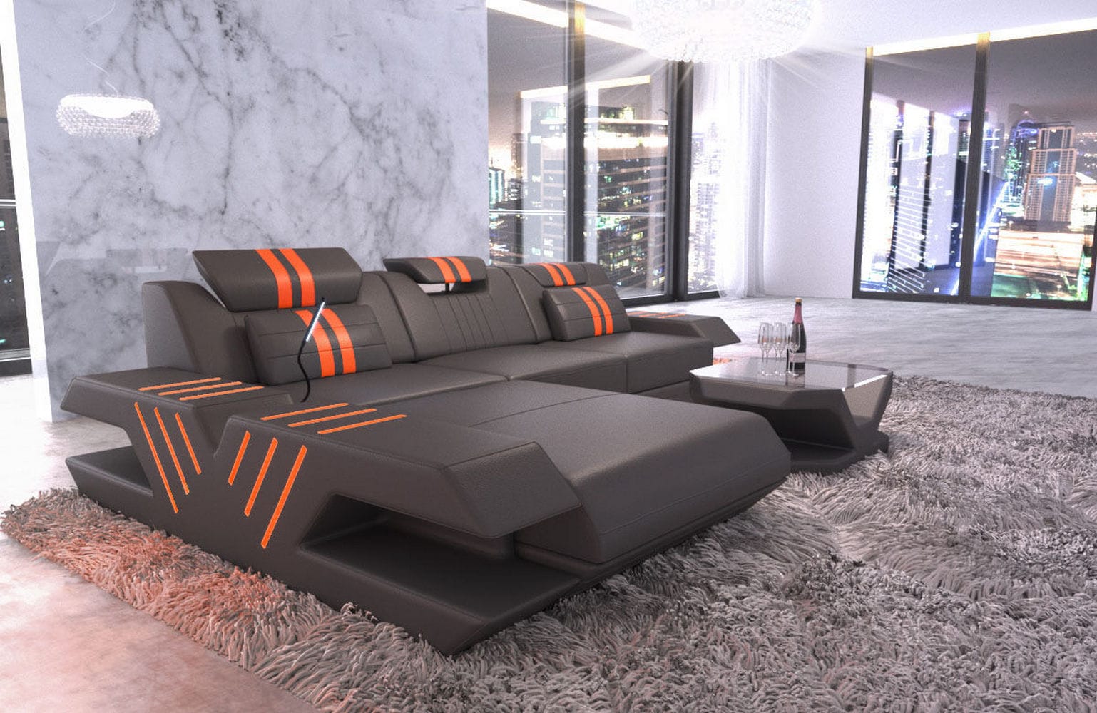 Ledersofa Modern Venedig L-Form – Stil & Komfort grau-orange