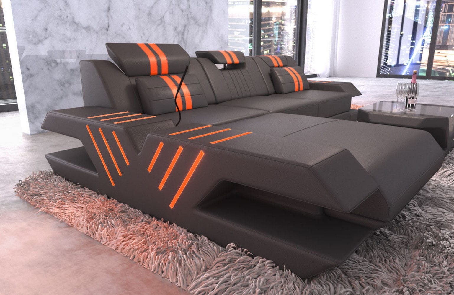 Ledersofa Modern Venedig L-Form – Stil & Komfort grau-orange