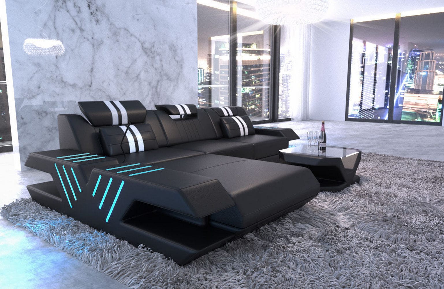 Ecksofa Venedig L-Form aus Leder schwarz-weiß