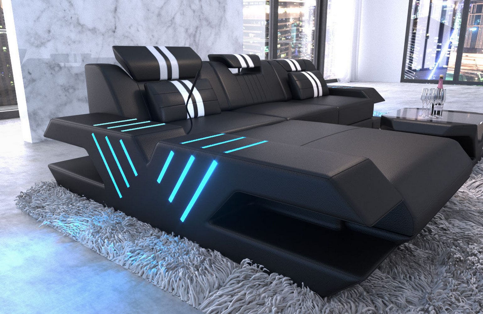 Ecksofa Venedig L-Form aus Leder schwarz-weiß