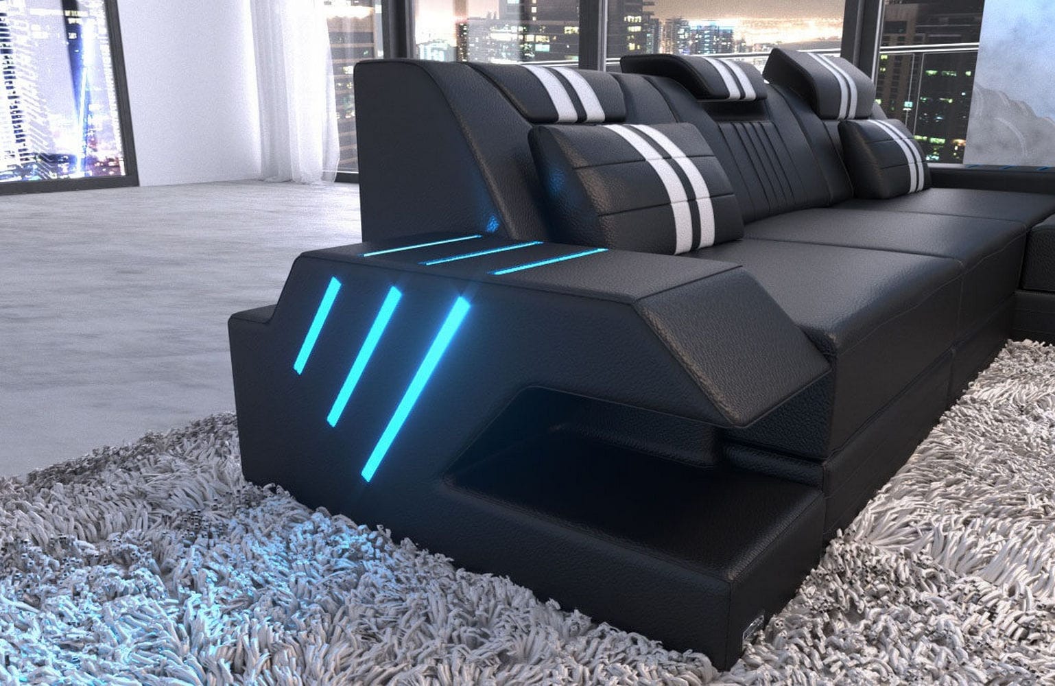 Ecksofa Venedig L-Form aus Leder schwarz-weiß