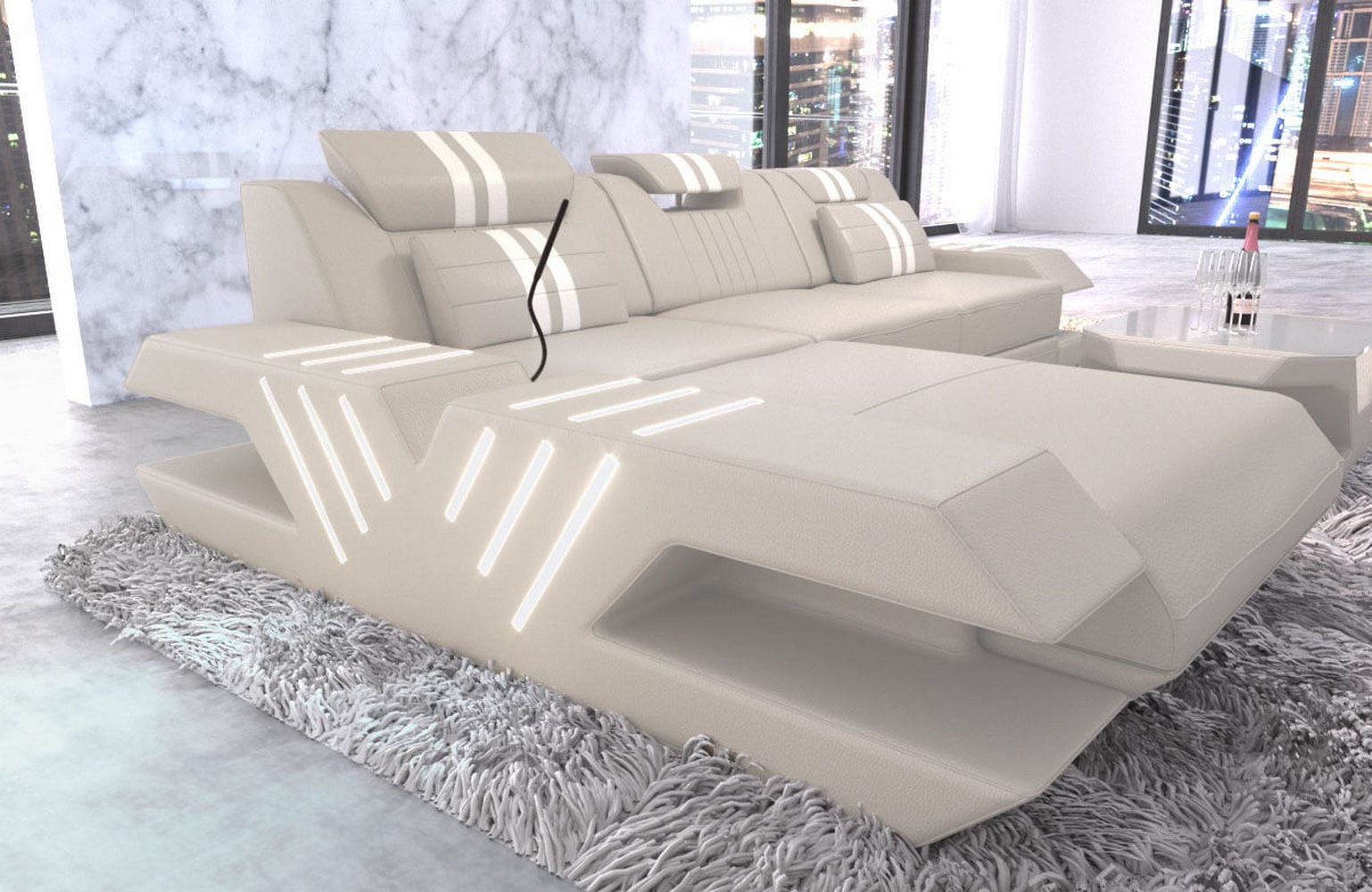 Ledersofa Modern Venedig L-Form – Stil & Komfort beige-weiß