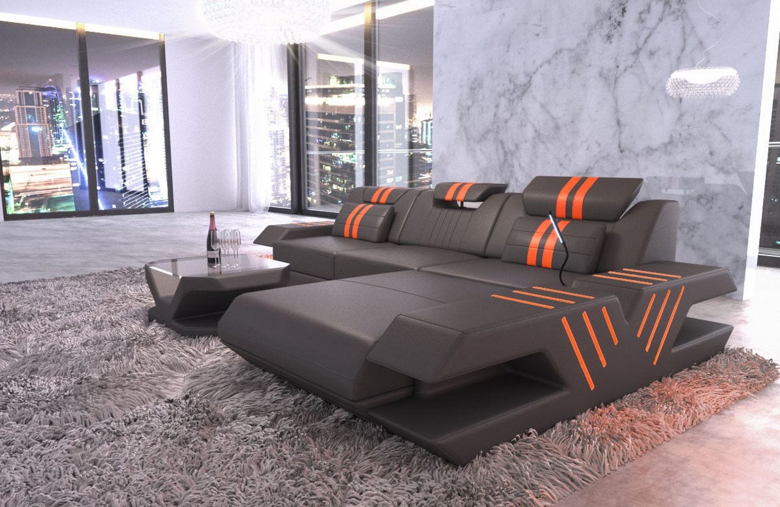 Ledersofa Modern Venedig L-Form – Stil & Komfort grau-orange
