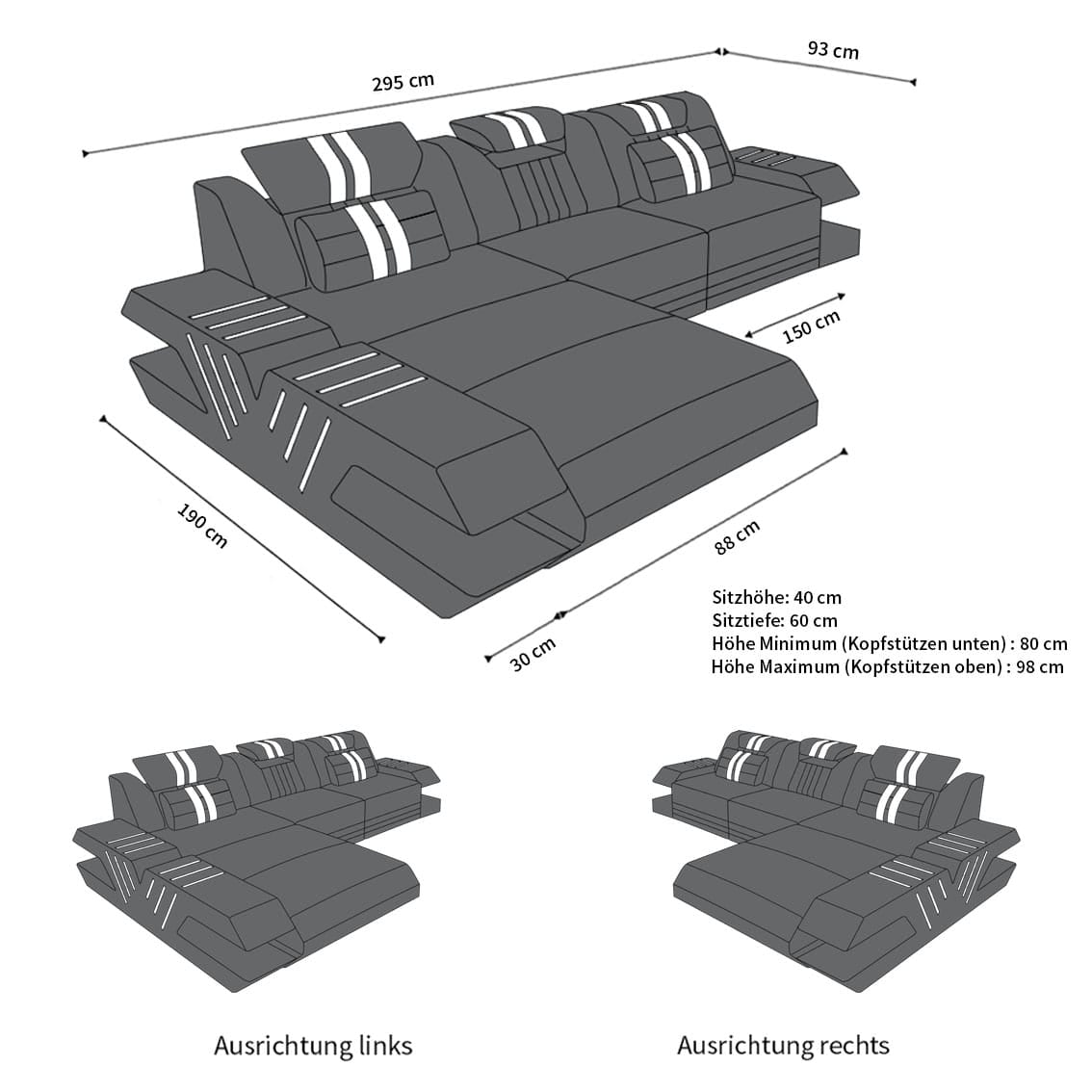 Ecksofa Venedig L-Form aus Leder pink-schwarz