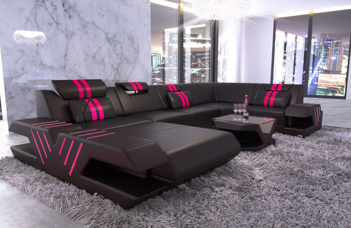 Wohnlandschaft Venedig U-Form in Leder schwarz-pink