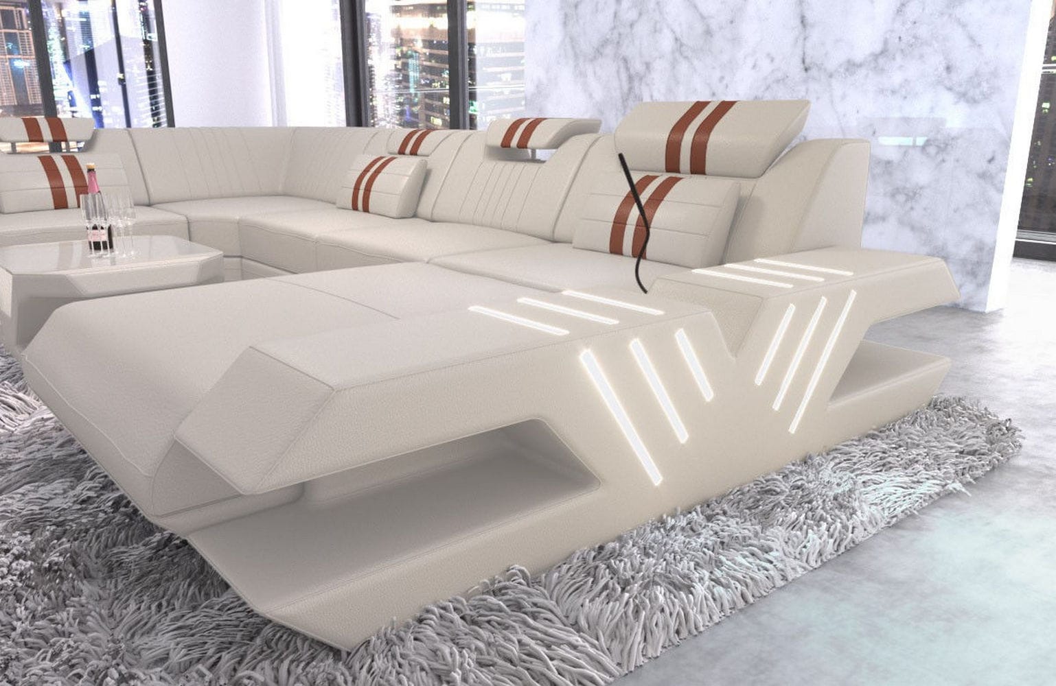 Mega Wohnlandschaft Venedig XXL – Leder Sofa beige-hellbraun
