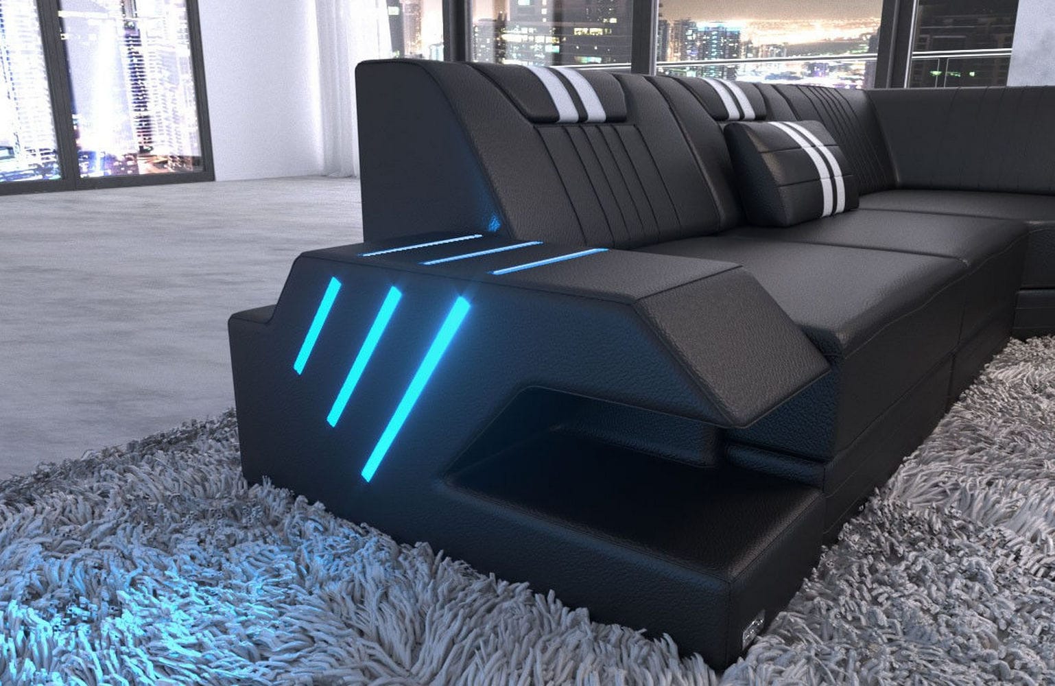 Mega Wohnlandschaft Venedig XXL – Leder Sofa schwarz-weiß