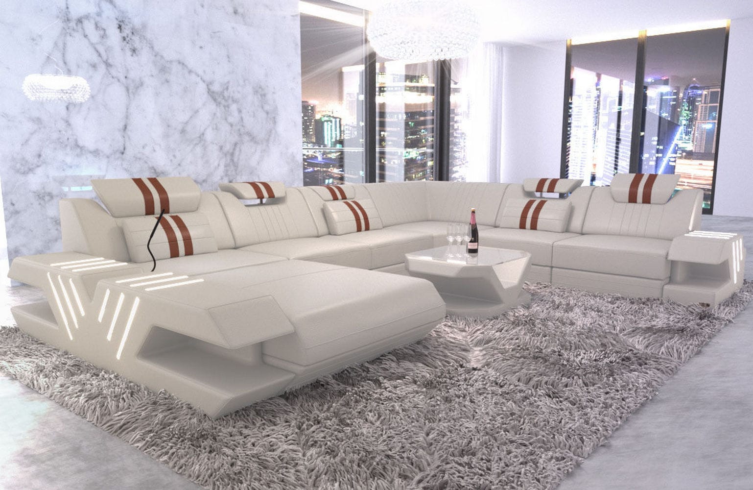 Mega Wohnlandschaft Venedig XXL – Leder Sofa beige-hellbraun