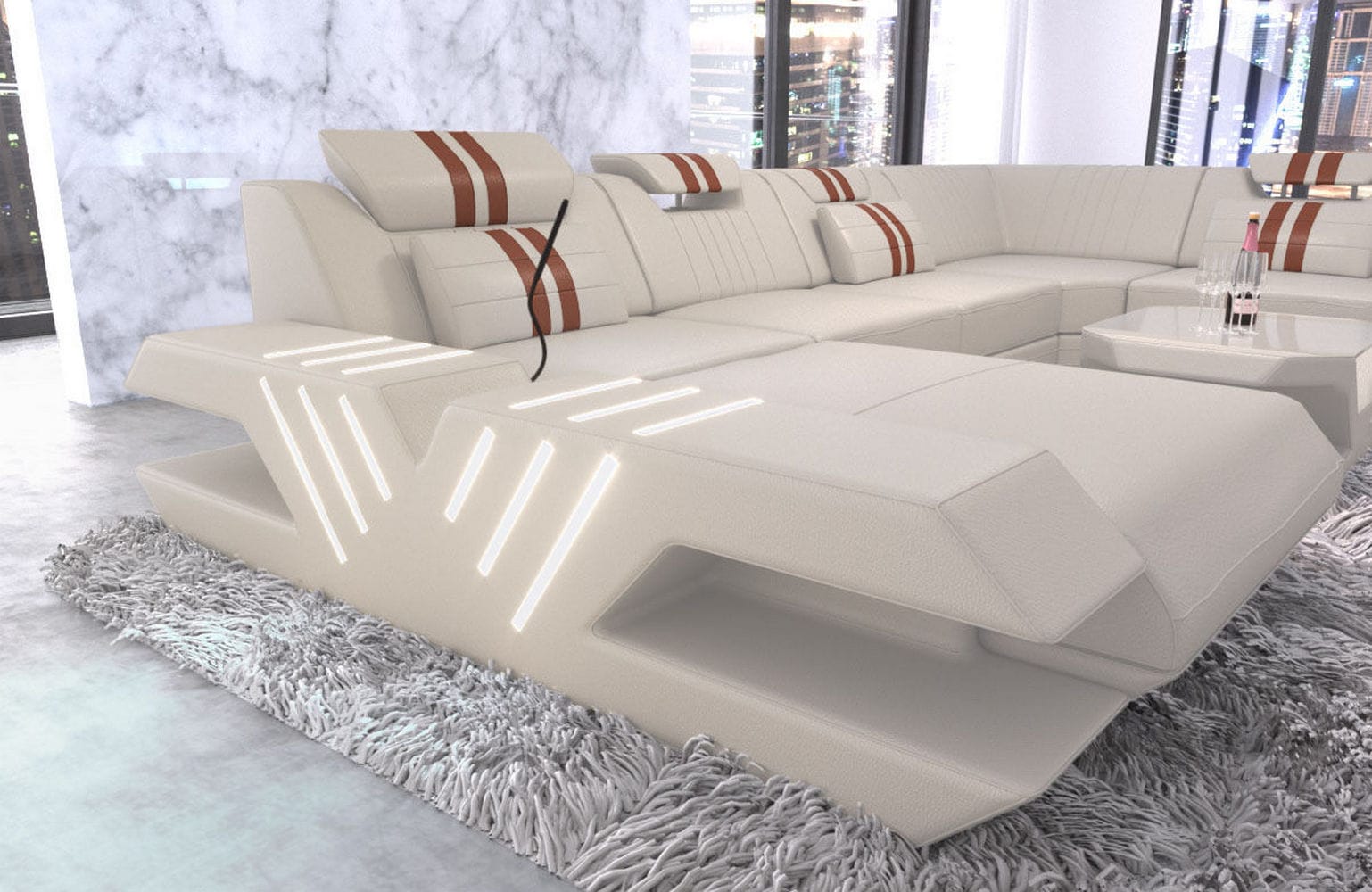 Mega Wohnlandschaft Venedig XXL – Leder Sofa beige-hellbraun
