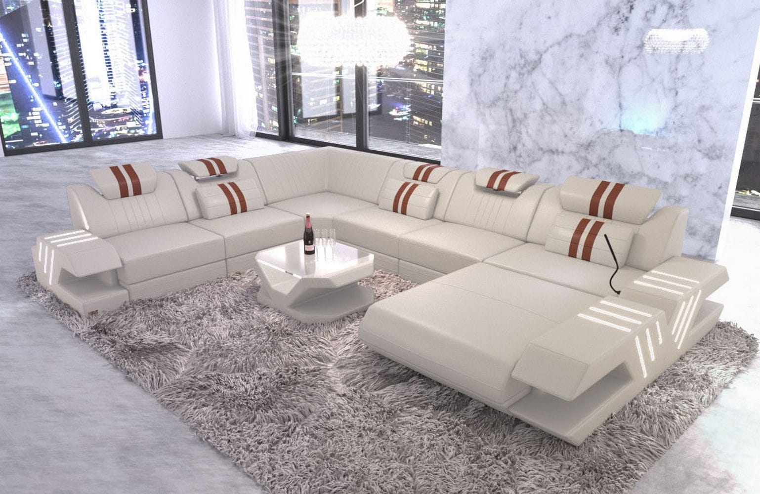 Mega Wohnlandschaft Venedig XXL – Leder Sofa beige-hellbraun