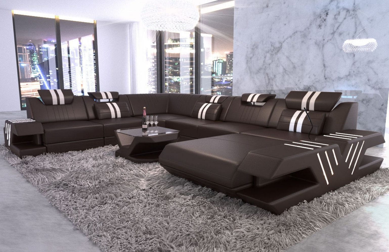 Mega Wohnlandschaft Venedig XXL – Leder Sofa dunkelbraun-weiß