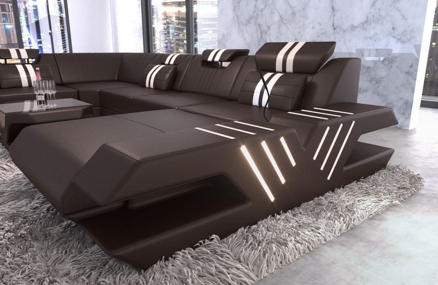 Mega Wohnlandschaft Venedig XXL – Leder Sofa dunkelbraun-weiß