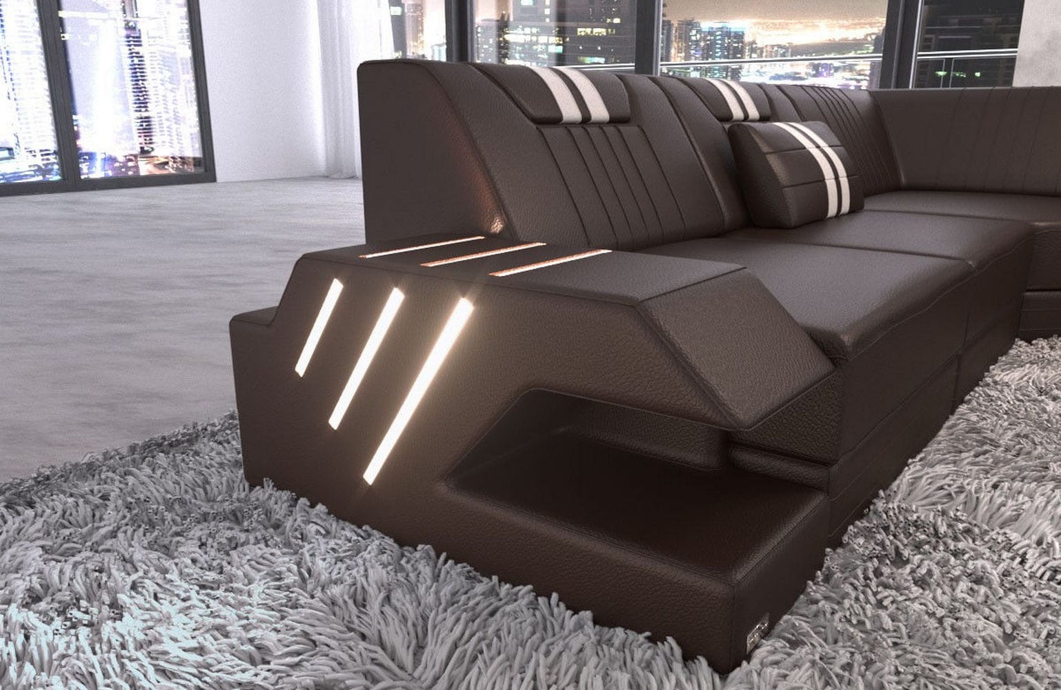 Mega Wohnlandschaft Venedig XXL – Leder Sofa dunkelbraun-weiß