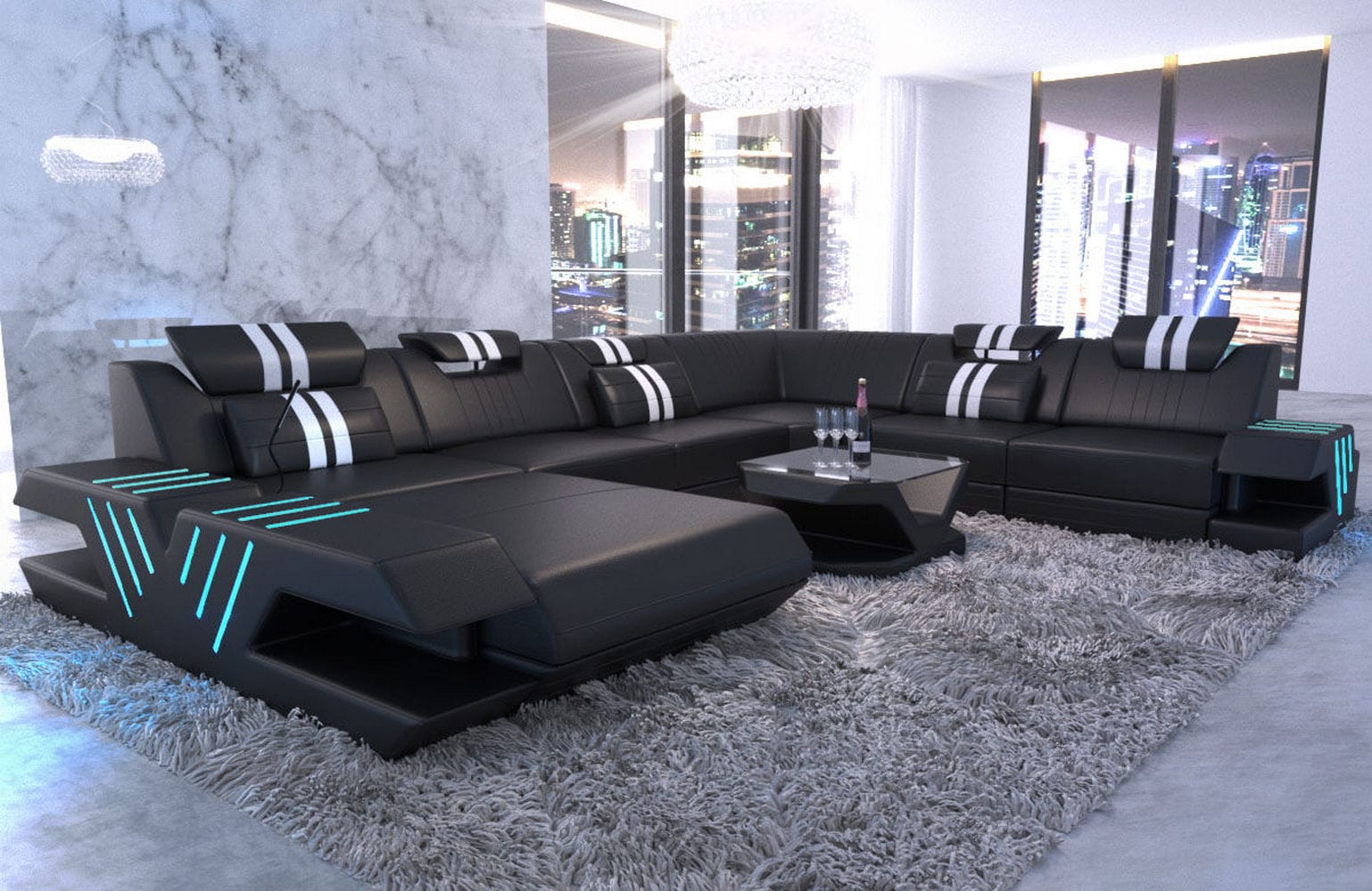 Mega Wohnlandschaft Venedig XXL – Leder Sofa schwarz-weiß