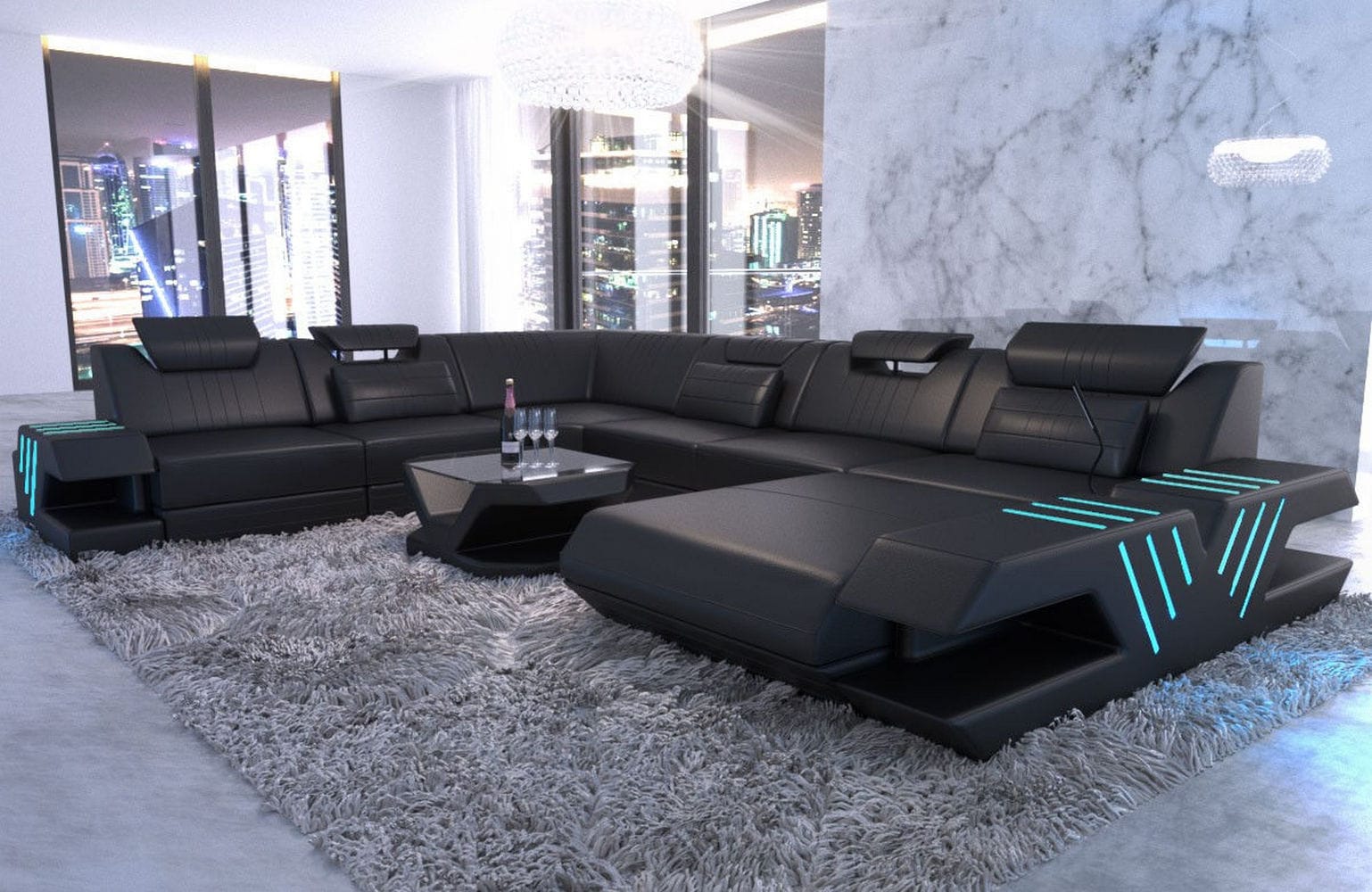 Mega Wohnlandschaft Venedig XXL – Leder Sofa schwarz