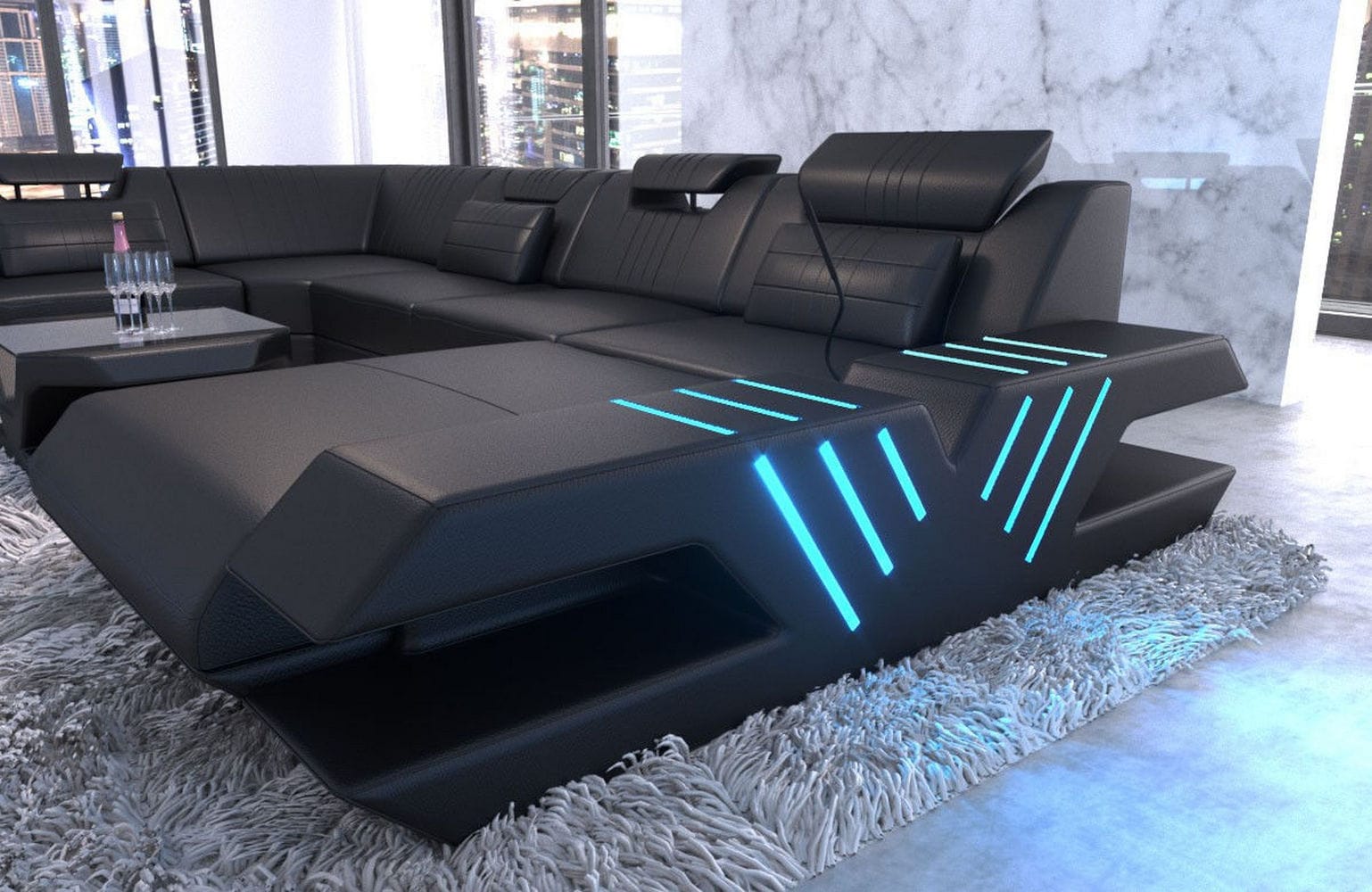 Mega Wohnlandschaft Venedig XXL – Leder Sofa schwarz